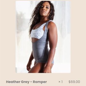 Buti yoga’s Bixzie Gold’s yoga clothing line gray romper